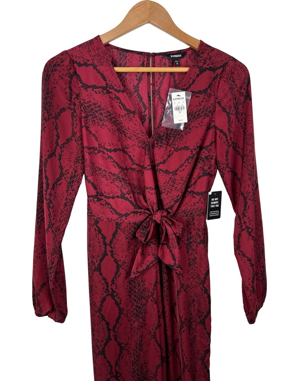 Express NWT Snake Print Tie Front Jumpsuit Women XS Red Black Long Sleeve